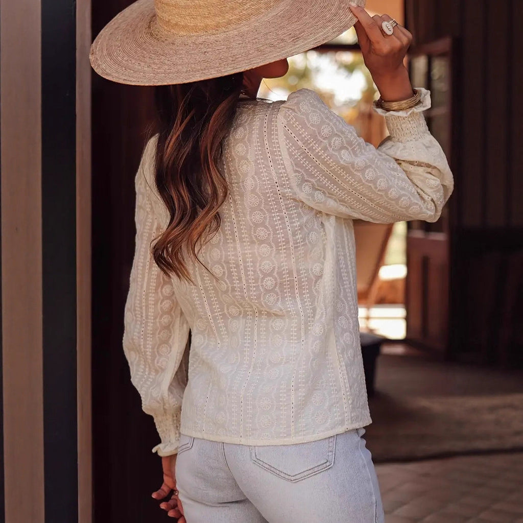 Elegant Commuter-Style Fashion V-Neck Lace-Patchwork Long-Sleeve Shirt