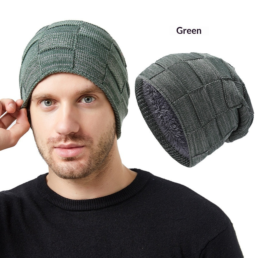 Mens Winter Knitted Hat Couples Style Warm Fleece-Lined Ear-Protecting Wool Cap