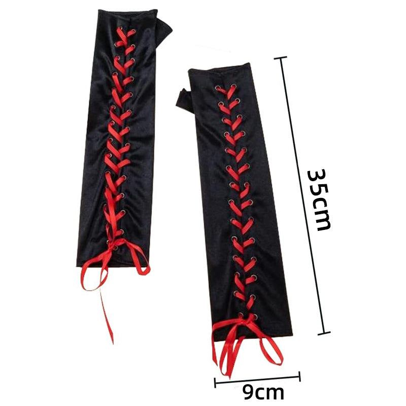 Long Black Satin Arm Sleeve Long For Wedding Lace-up Fingerless Gloves