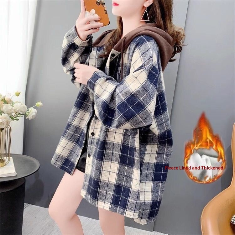Casual Joker Hooded And Velvet Padded Plaid Shirt