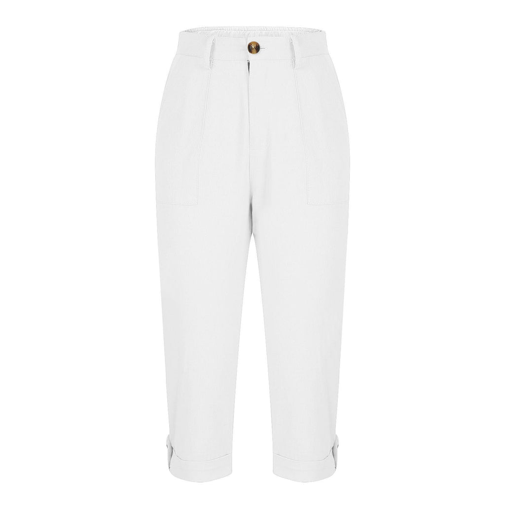 Cross-border Women's Solid Color Workwear Pants Waist Button Pants Ear Design Pants Leg Curled Women's Cropped Pants