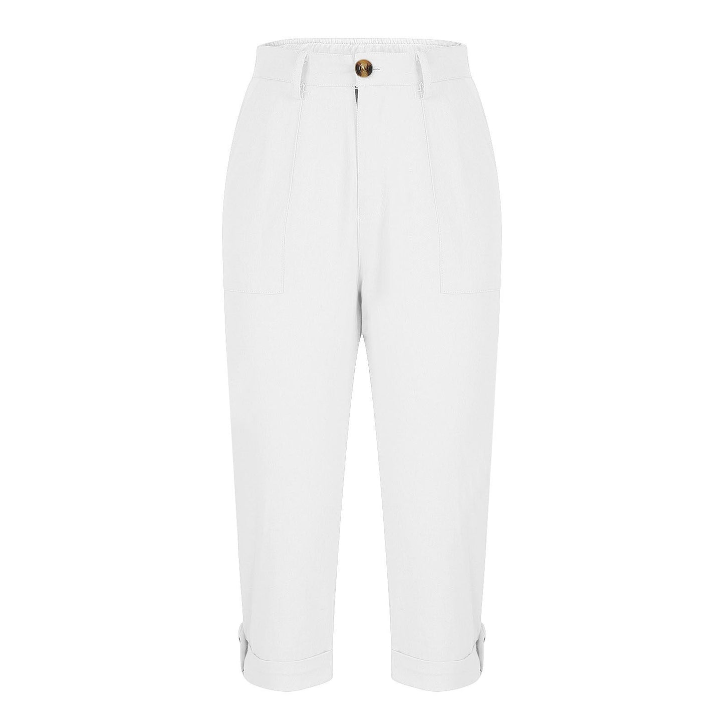 Cross-border Women's Solid Color Workwear Pants Waist Button Pants Ear Design Pants Leg Curled Women's Cropped Pants