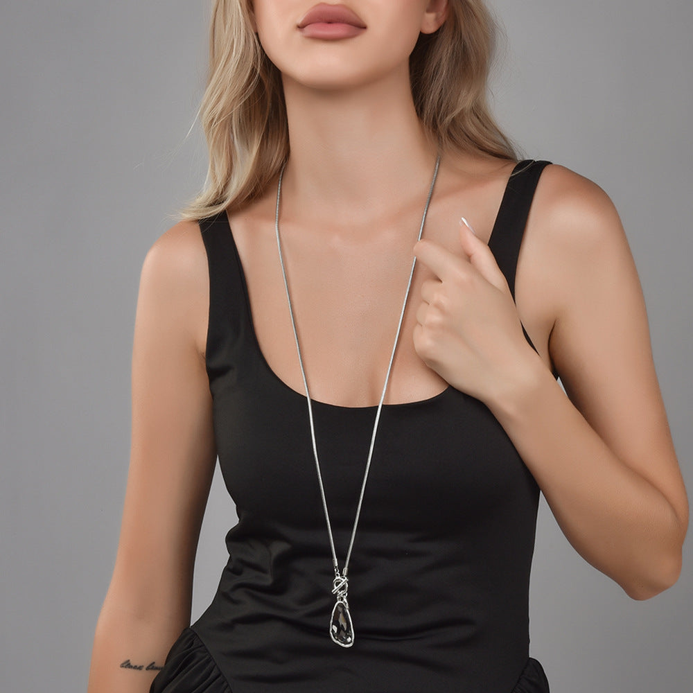 OT Toggle Multi Charm Smoky Teardrop Zircon Snake Sweater Chain, Minimal Cool Long Necklace For European Spanish Women