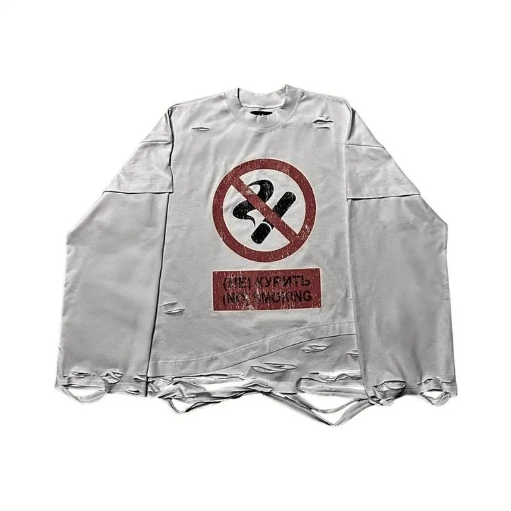 Round-neck Long-sleeve No Smoking Printed Top