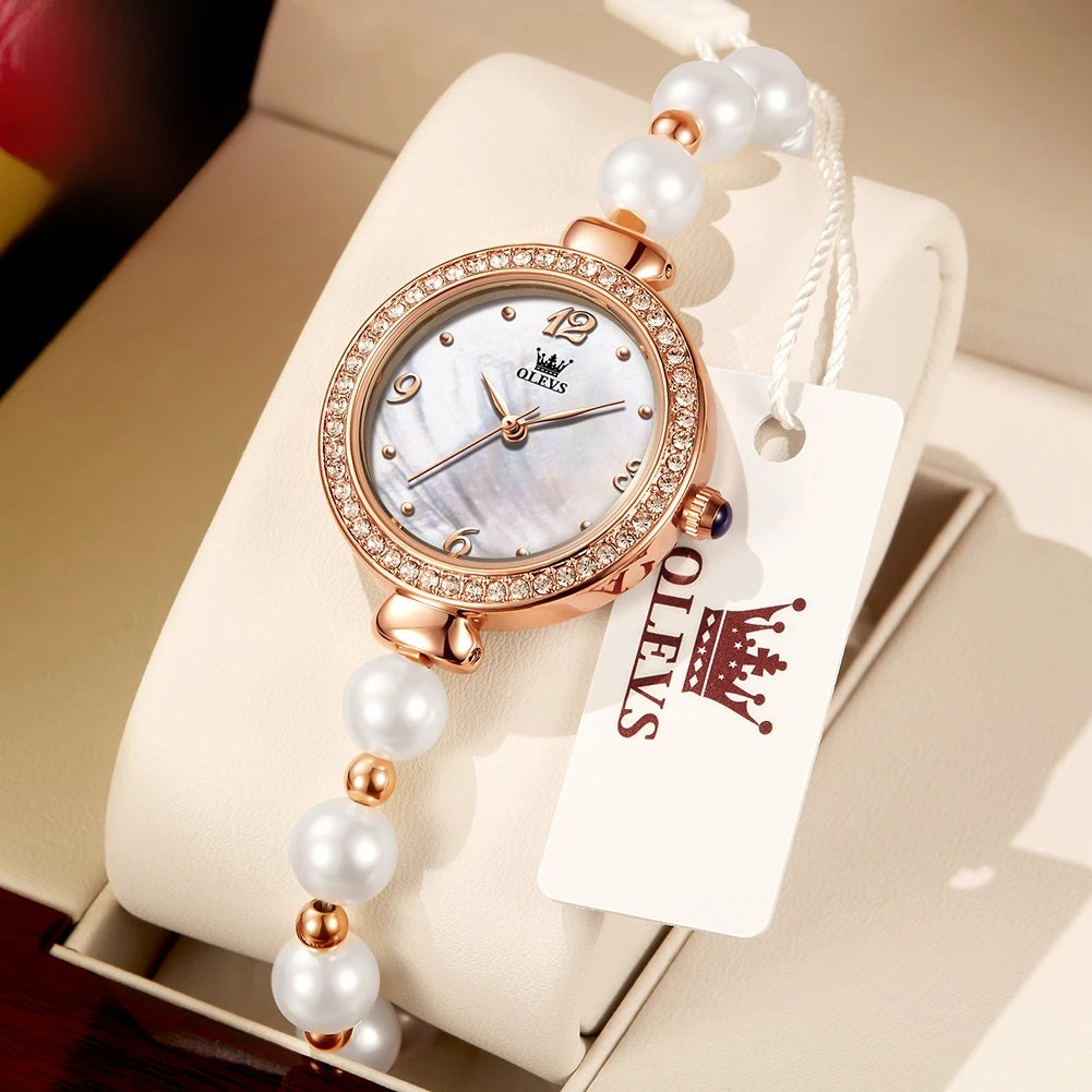 Montre Bracelet Femme Perles, Lunette Cristal Rose Doré