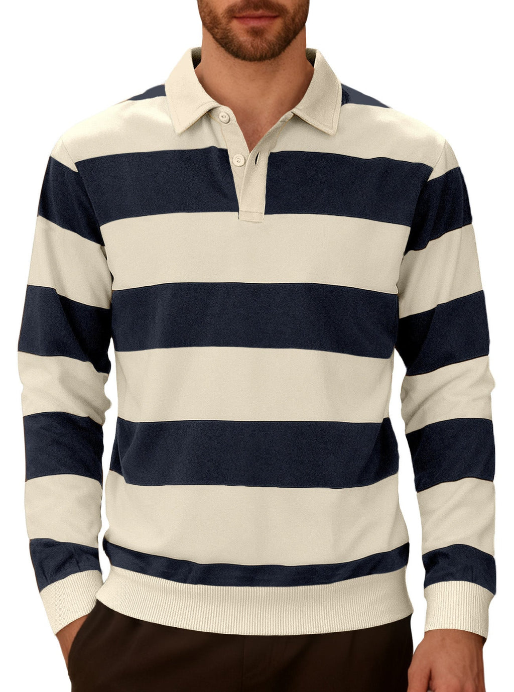 Men's Striped Color-Blocked Button Long-Sleeve Knit Shirt, Casual Sporty Trendy Business Polo Shirt