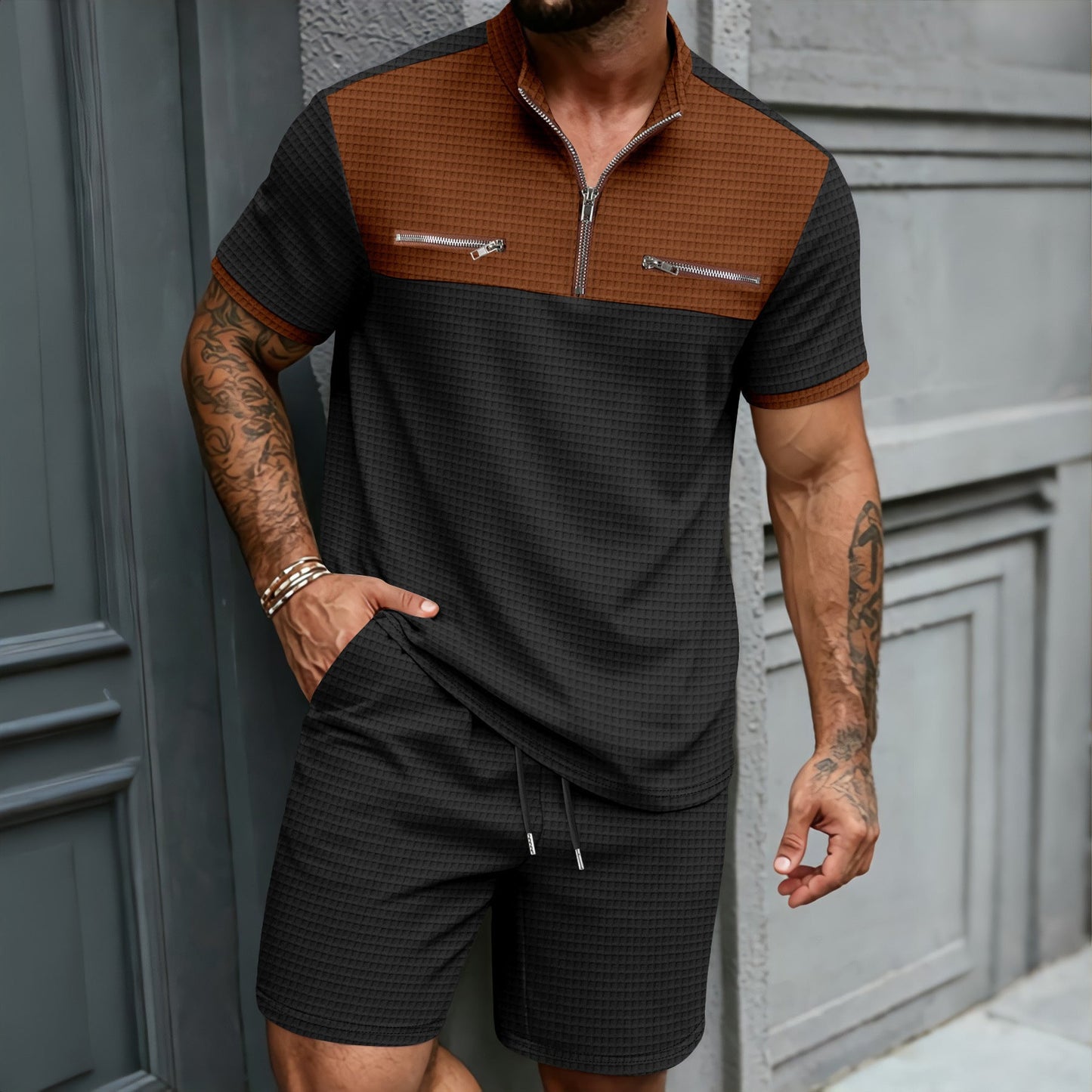 Mens Half-Zip Stand-Neck Short-Sleeve T-Shirt And Shorts Set