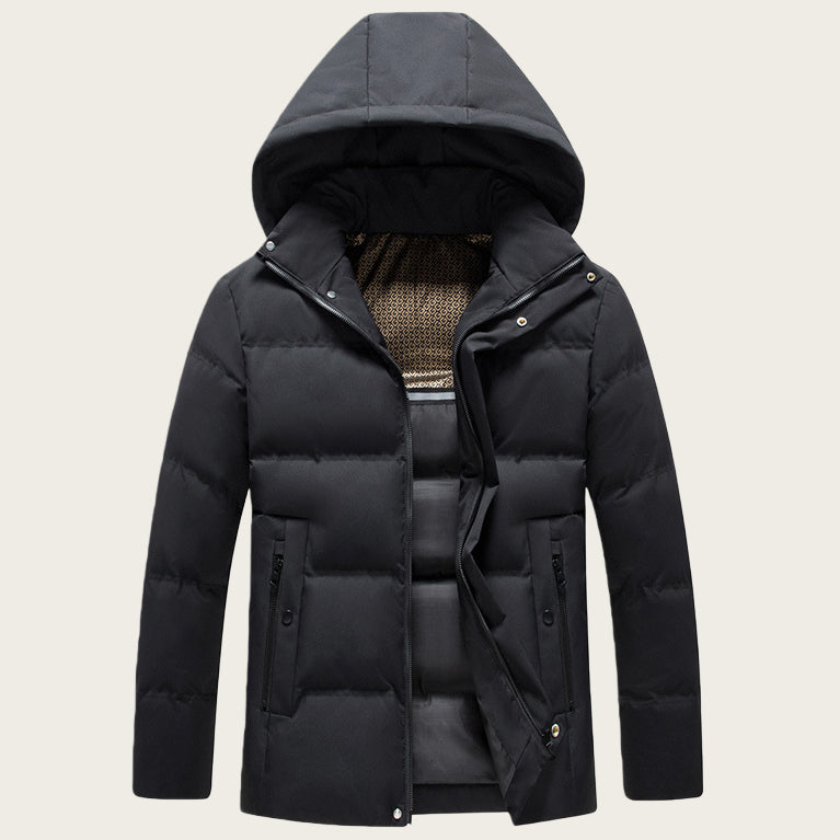 Mens Padded Cotton Coat With Fleece-Lined Detachable Hood