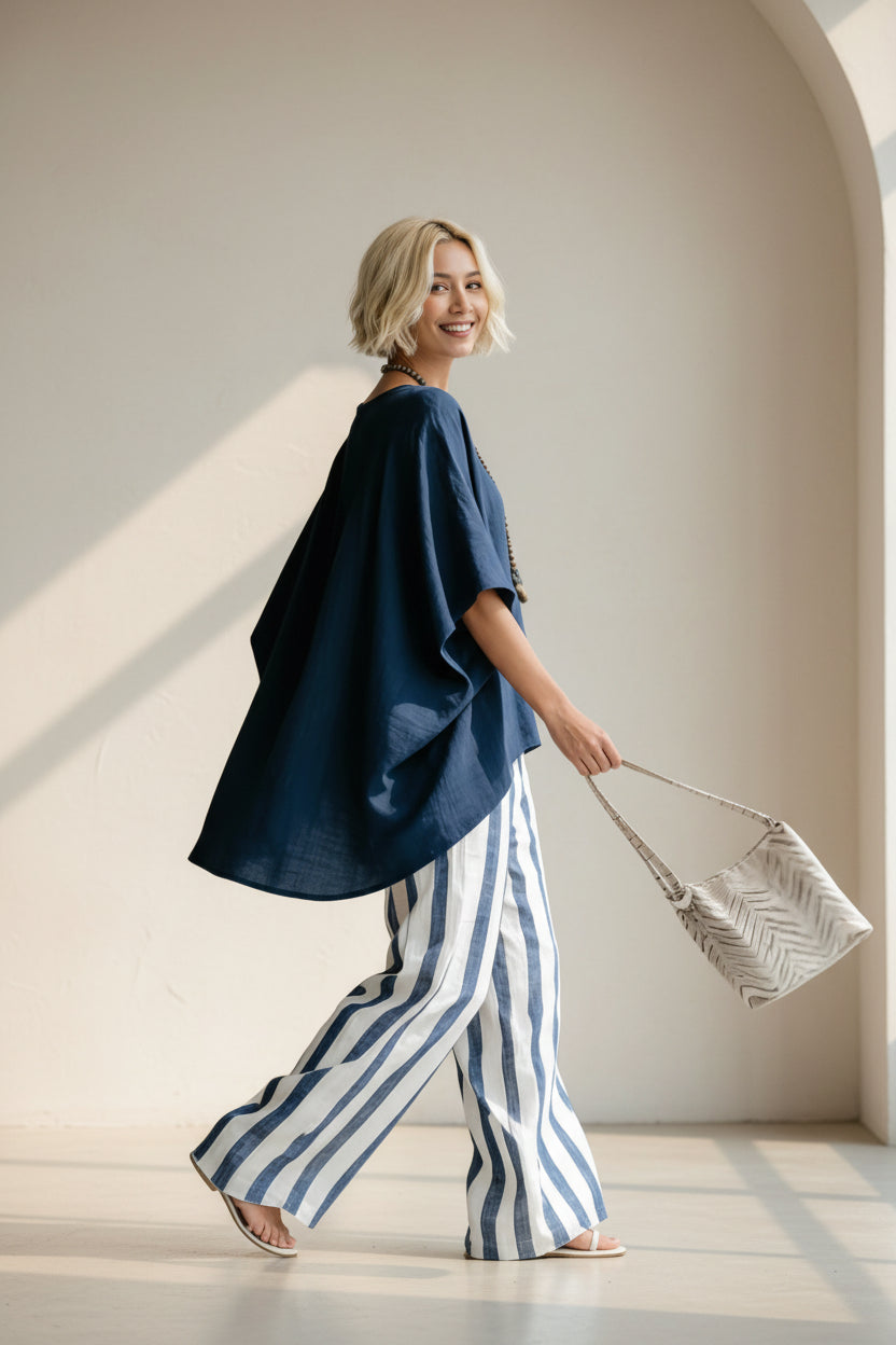 Women's Striped Batwing-Sleeve Loose Two-Piece Set