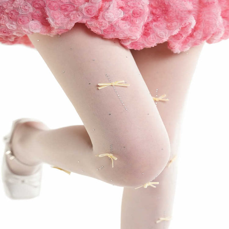Velvet Bow Rhinestone White Stockings