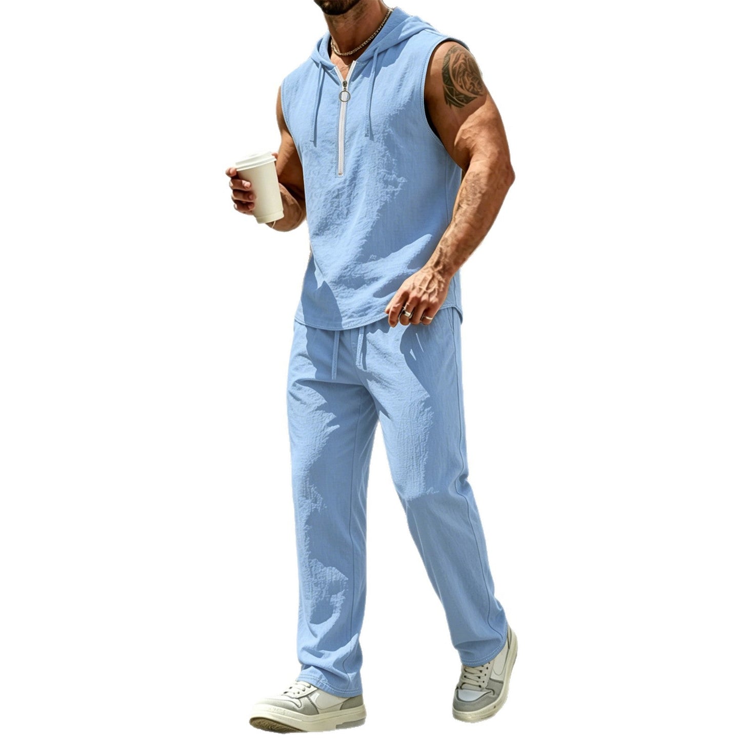 Summer Hooded Zipup Sleeveless T-shirt And Pants Set