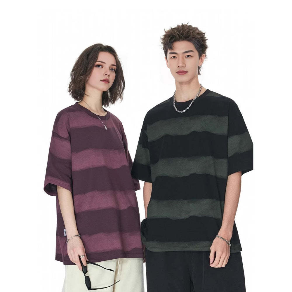 Tie-dye Washed Striped Short-Sleeve Mens Cotton T-Shirt