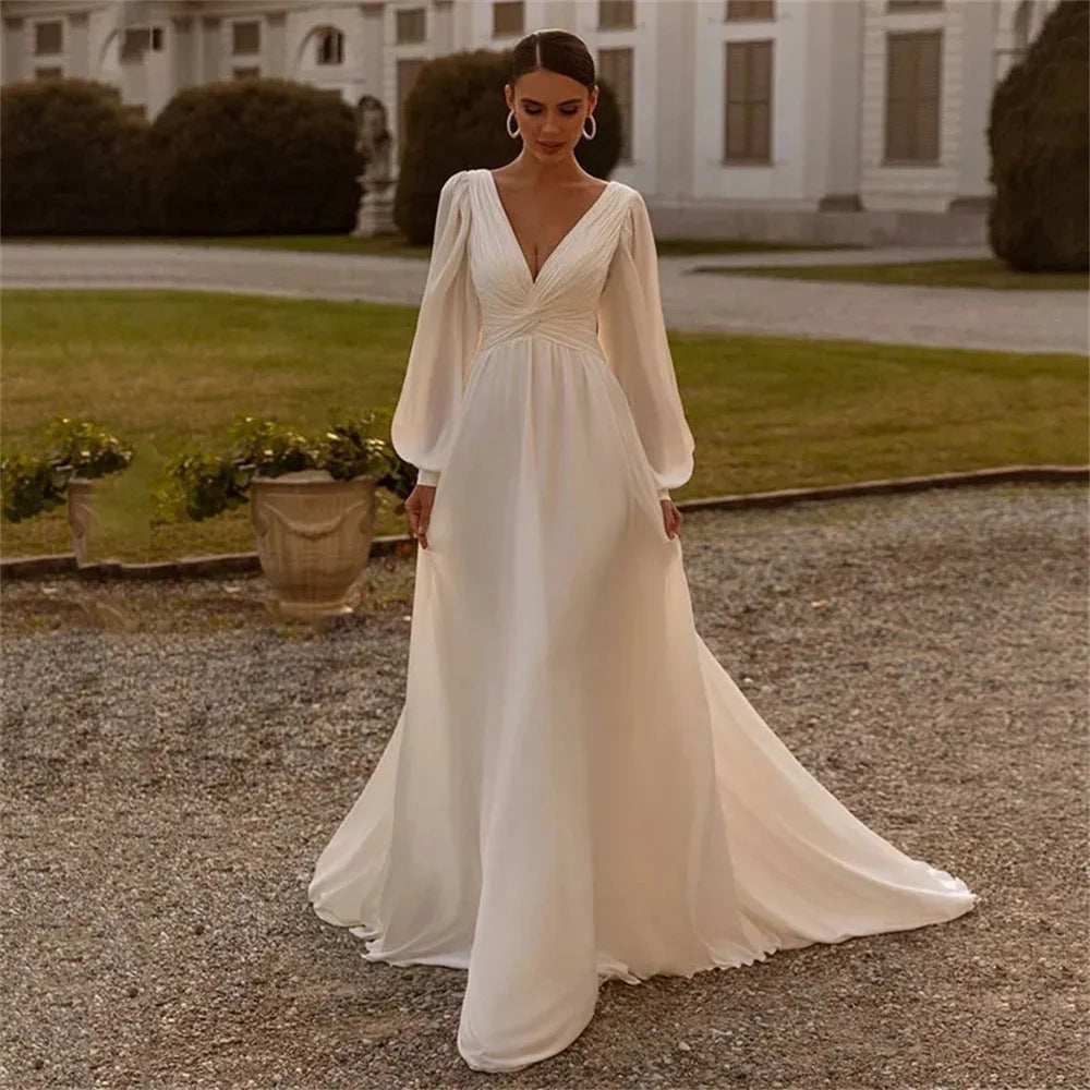 Bridal Chiffon Deep V Satin Long Sleeve Light Yarn Gown