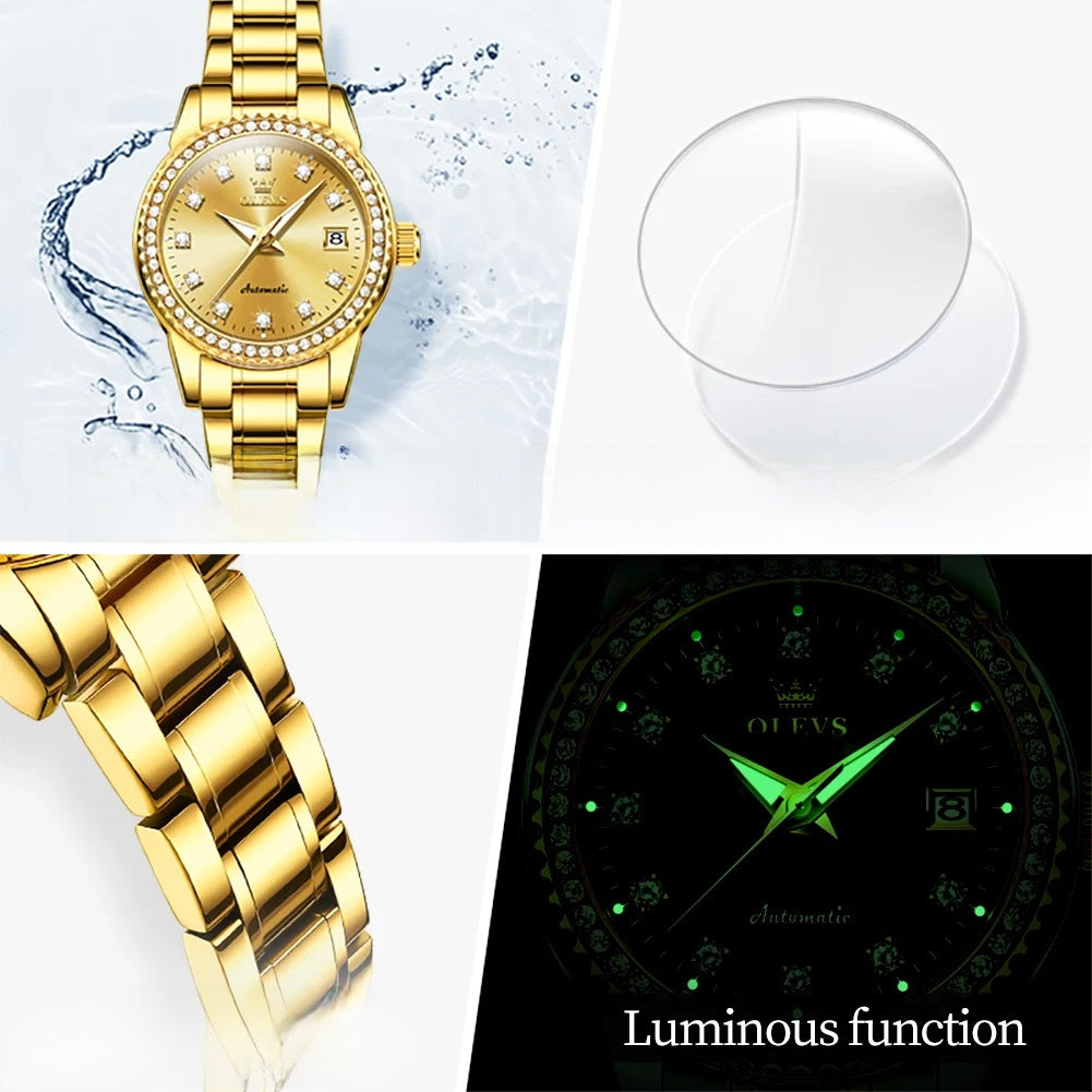 Damen-Automatikuhr mit Diamantzifferblatt aus Edelstahl
