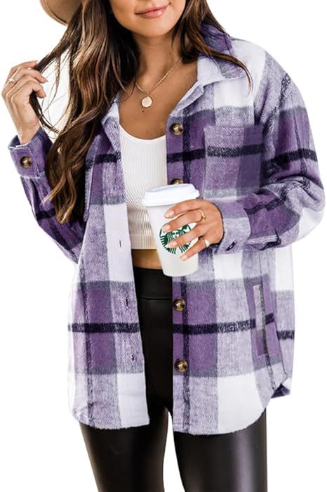 Womens Woolen Plaid Pocket Shirt Casual Jacket