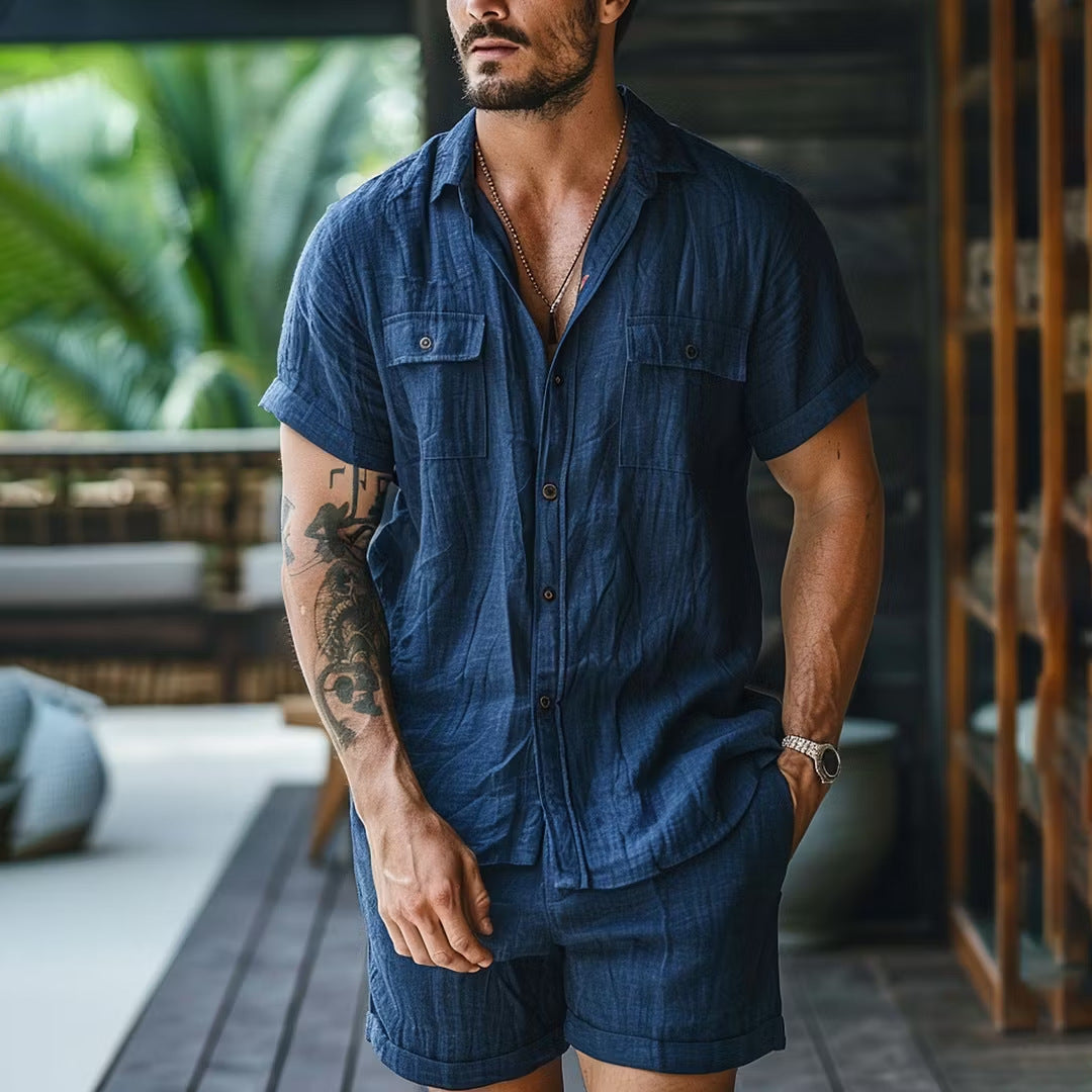 Relaxed-fit Linen Outdoor Casual Beach Multi-pocket Lapel Workwear Short-sleeve Shirt And Shorts Set