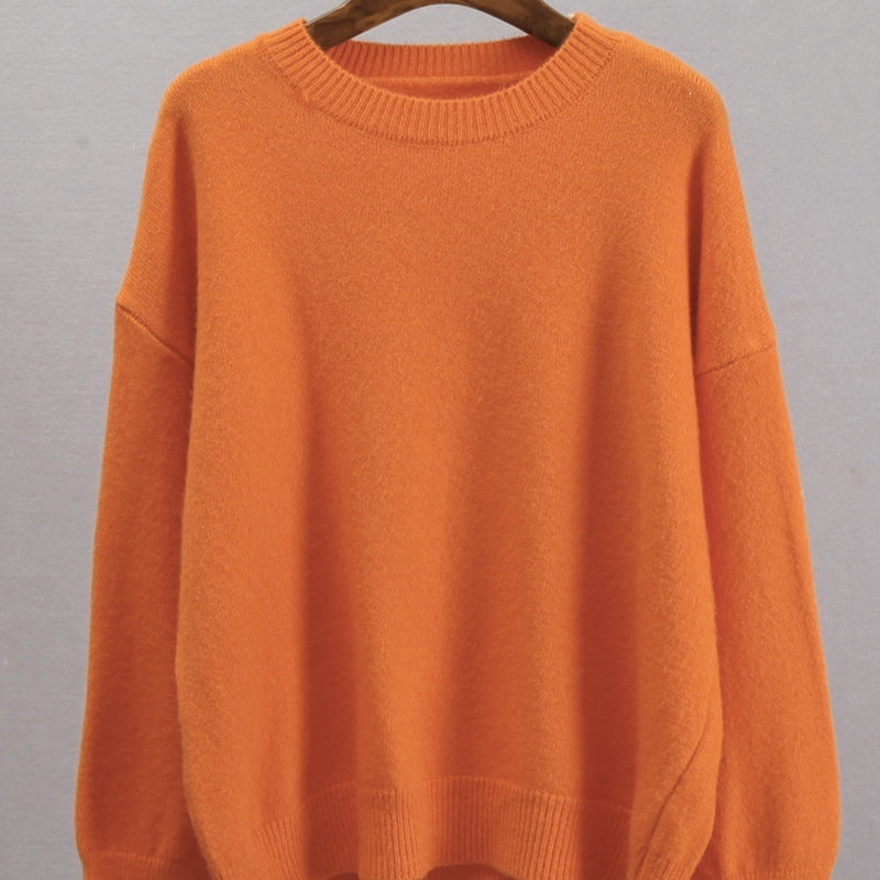 Womens Knitted Crew-neck Solid-color Loose Sweater