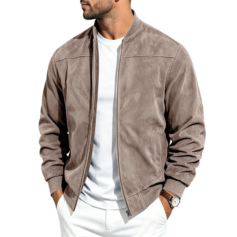 Suede Long Sleeve Zip Up Jacket Men's Casual Outerwear With Full Zip Closure
