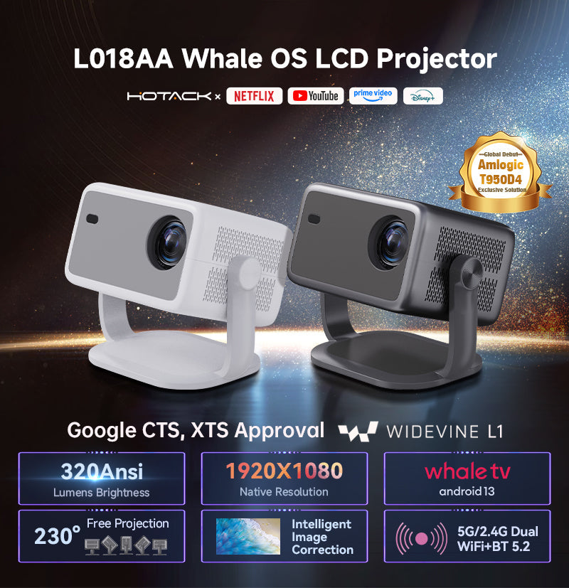 L018AA Whale OS LCD Projector 320 ANSI Lumens, 1920X1080P Resolution ,Android 13 And Officially Authorized By Netflix, YouTube, Etc.