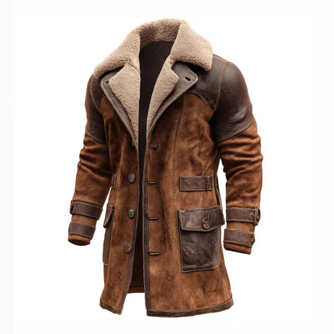 Mens Retro Patchwork Suede Coat, Long Style For Fall And Winter