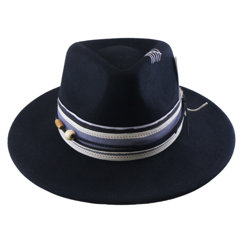 Wool Felt With Feathers Fallwinter Flat-brim Jazz Hat