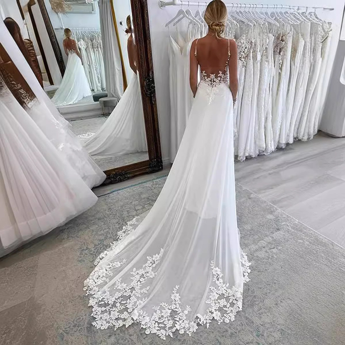 Strap Fishtail Wedding Dress Bridal Slim Satin Lace Dress