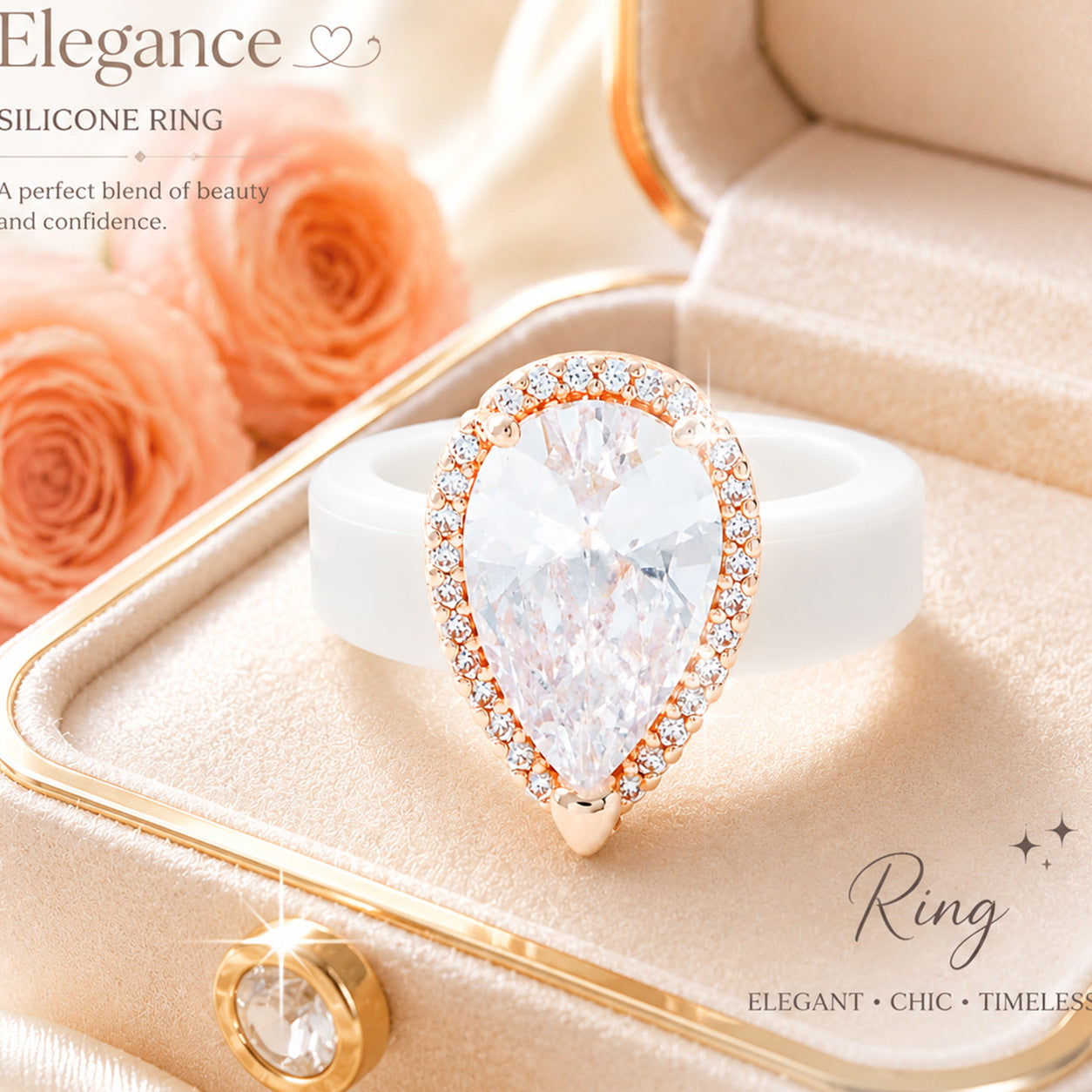 Silicone-inlaid Water-drop-shaped Zircon Ring