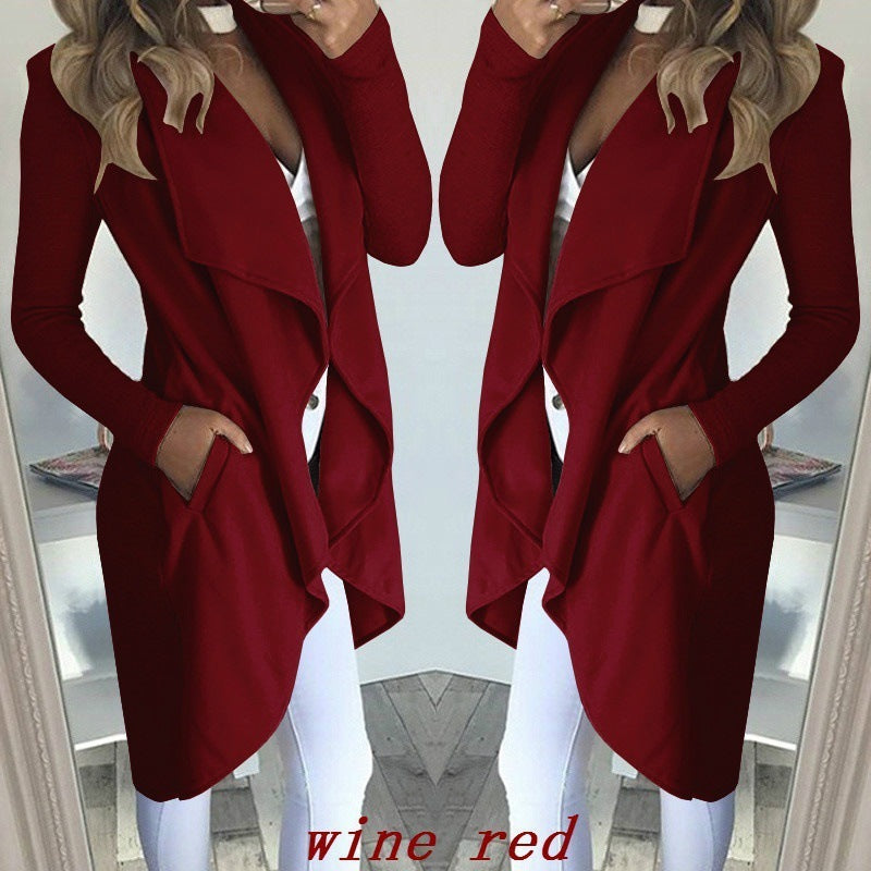 Women's Plus Size Solid Color Polo Collar Slim Fit Long Trench Coat