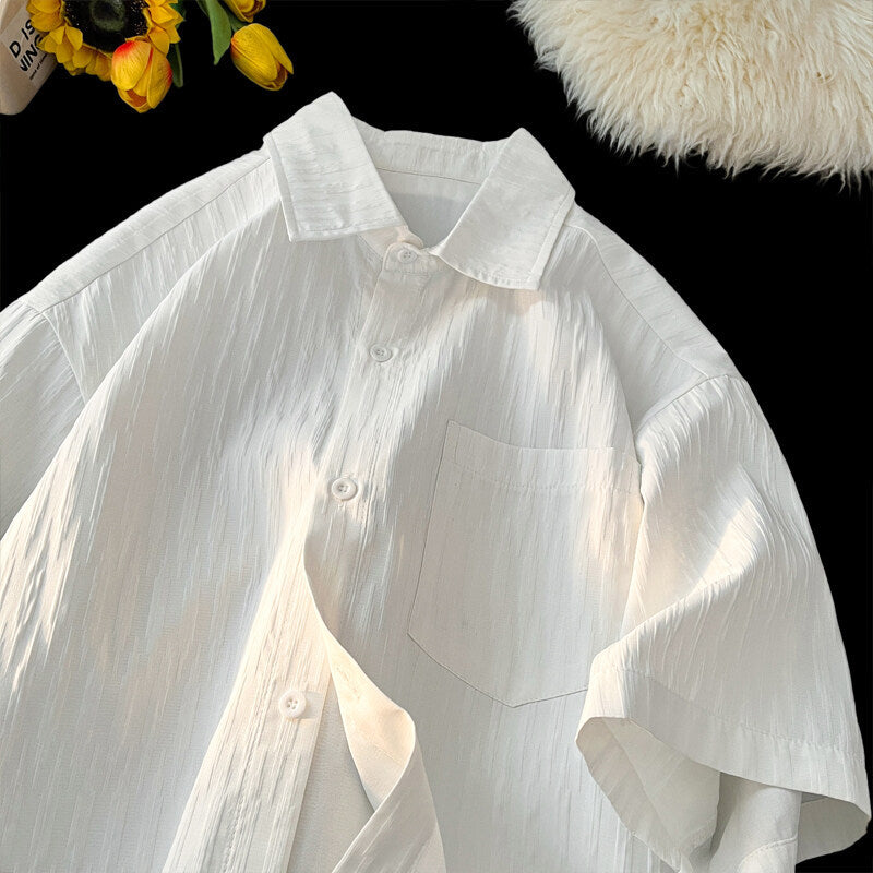 Textured Striped White Ice Silk Short Sleeve