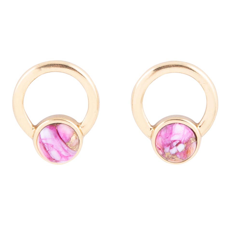 Boucles d'oreilles pendantes Calgary, matrice d'huître épineuse rose, monture dorée