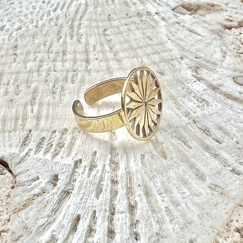 Bague Soleil Cambodgien en Laiton Recyclé Minimaliste Or Paix