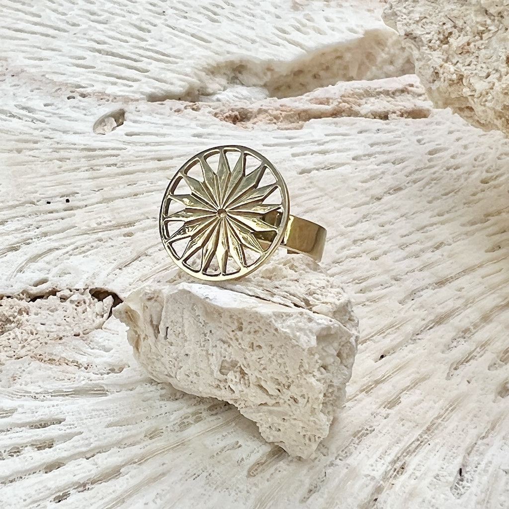 Bague Soleil Cambodgien en Laiton Recyclé Minimaliste Or Paix