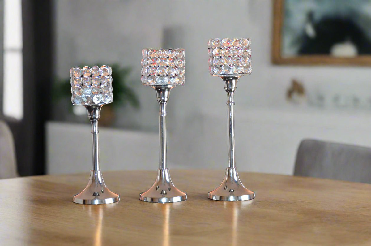 Vibhsa Crystal Hurricane Candle Holders | Set of 3, 10"/11"/12", Silver Nickel Finish