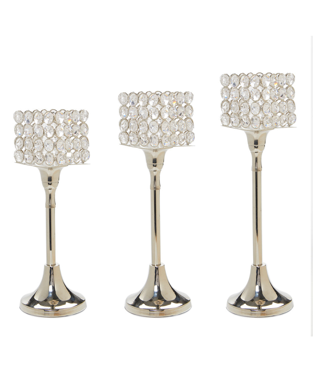 Vibhsa Crystal Hurricane Candle Holders | Set of 3, 10"/11"/12", Silver Nickel Finish