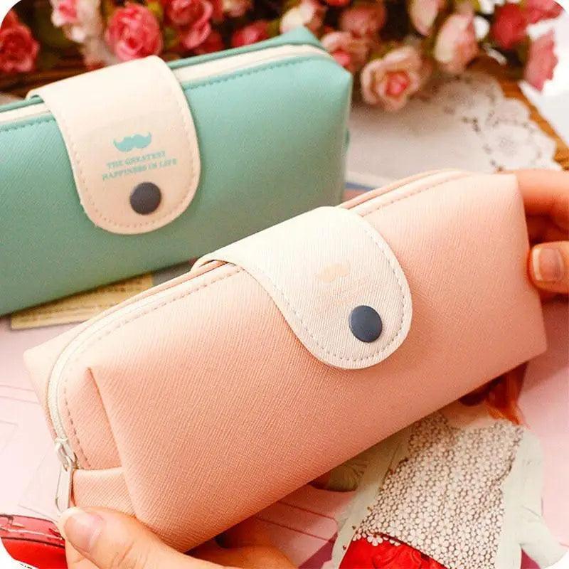Candy Color Unique Design  PU Leather Metal Button Pencil Cases For Girls Cute Stationary Boy Pencil Pouch For Students