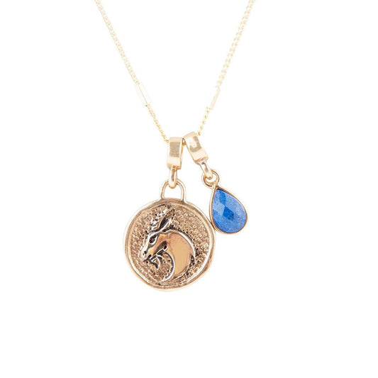 Steinbock – Sternzeichen Blau Lapislazuli Goldener Charm Halskette