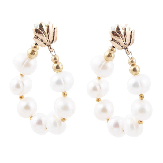 Boucles d'oreilles Carly, Perle Blanche, Boucles Complètes, Tiges Dorées