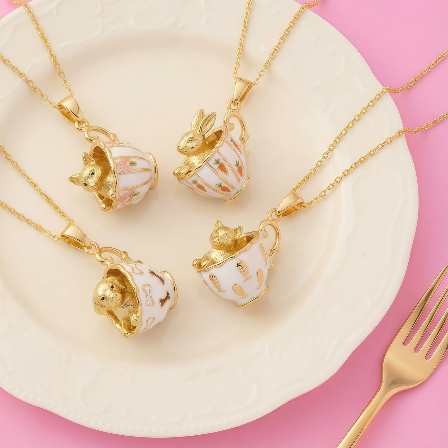 Golden Pendant Necklace In The Shape Of A Teacup Rabbit