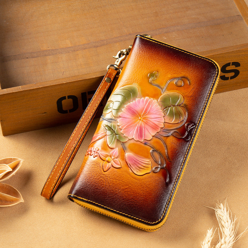 Genuine Leather Long Wallet Bag Hand-Painted Finish Zipper Closure Full-Grain Cowhide Clutch