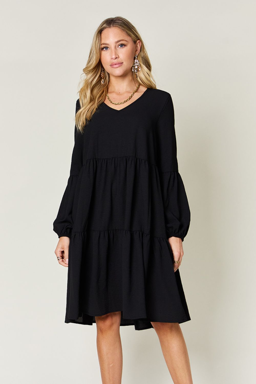 Light Green Double Take Full Size V-Neck Sleeve Tiered Dress with Pockets Elegant & Comfortable Casual Dress