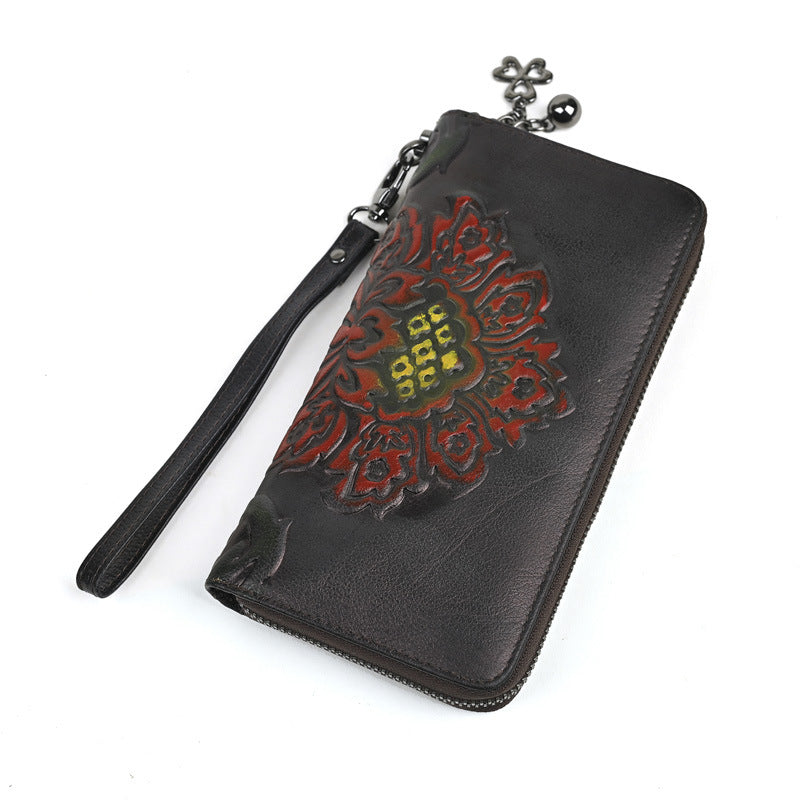 Genuine Leather Long Wallet Fashionable Zipper Clutch Bag Printed Hand-Painted Handbag