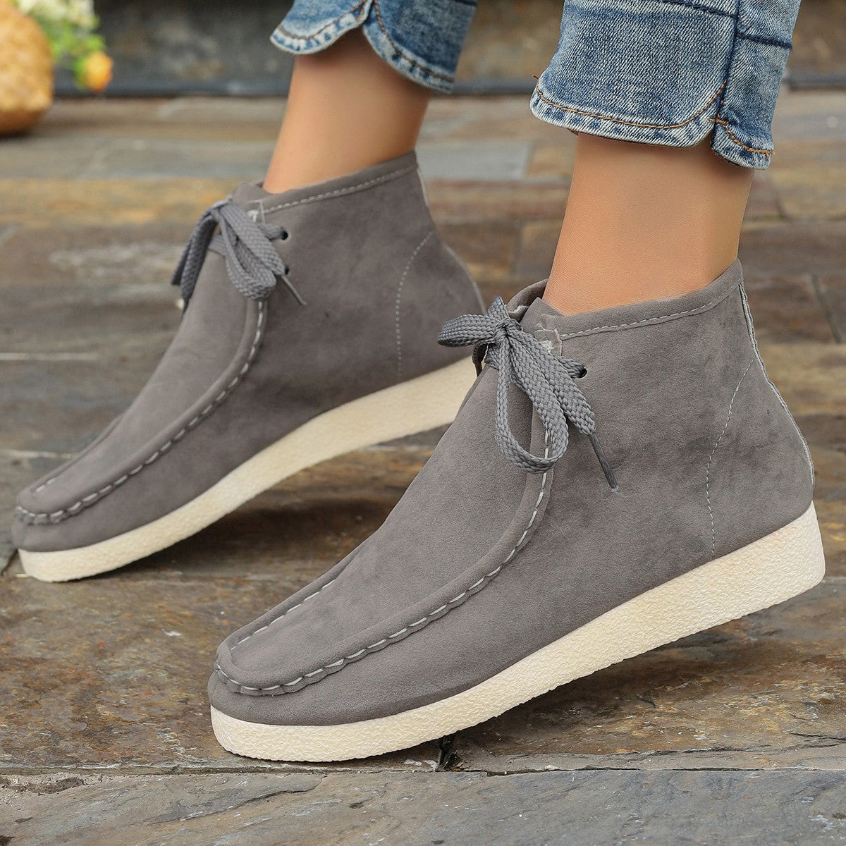Stitched-detail Round-toe Lace-up British-style Ankle Boots For Women With A Hidden Heel