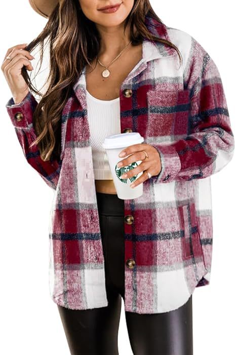 Womens Woolen Plaid Pocket Shirt Casual Jacket