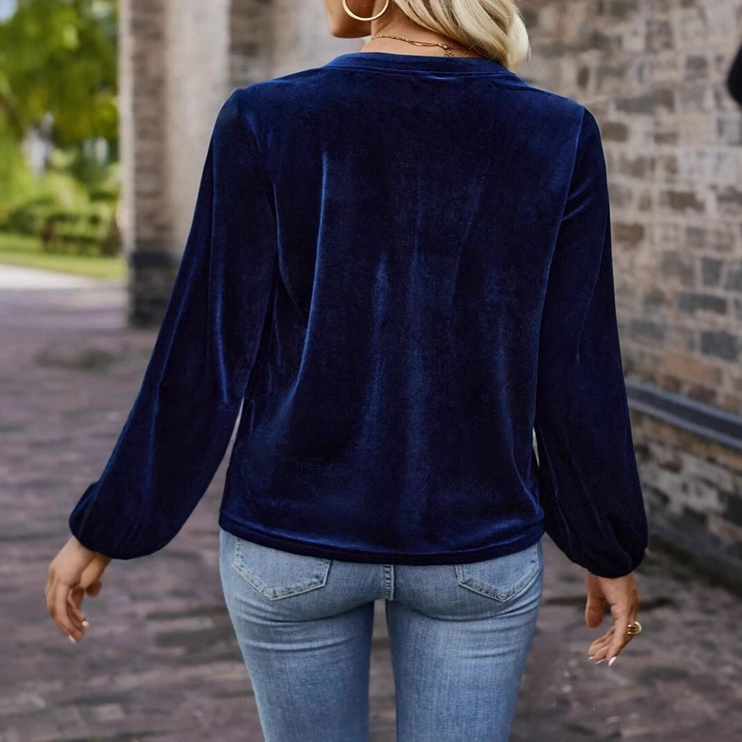 Women's Casual Chic Solid Color V-Neck Button Long Sleeve Pullover Top For Spring & Fall