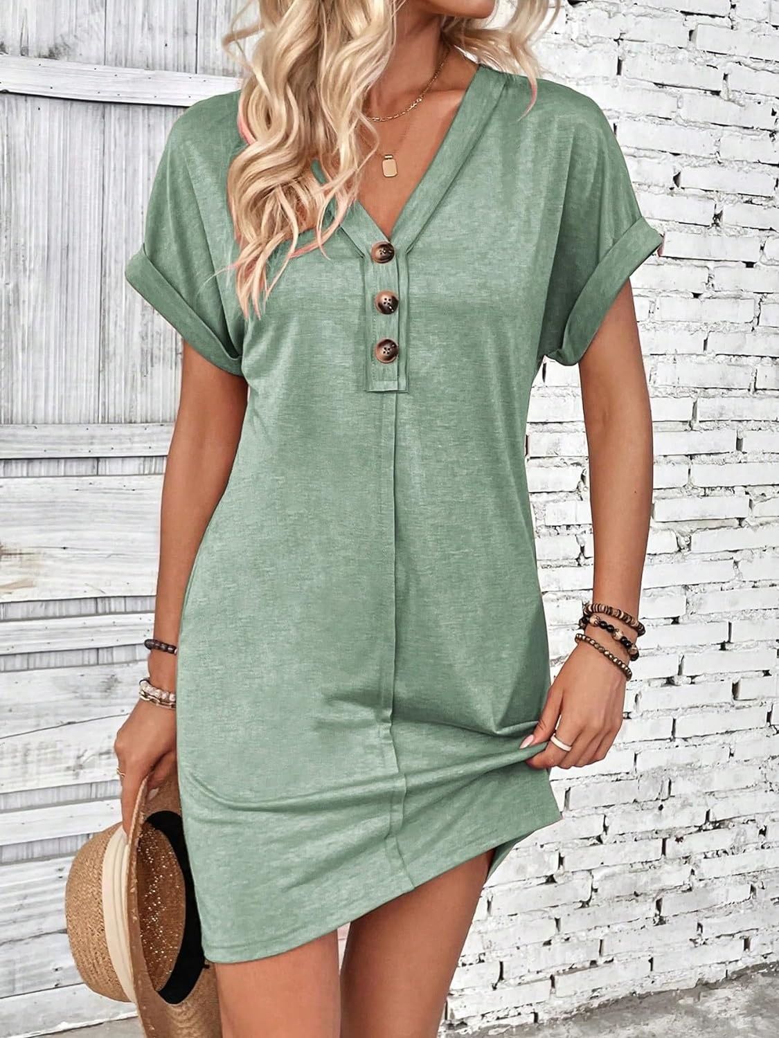Elegant Button V-Neck Short Sleeve Dress Flattering Casual & Office Wear Simple Dress