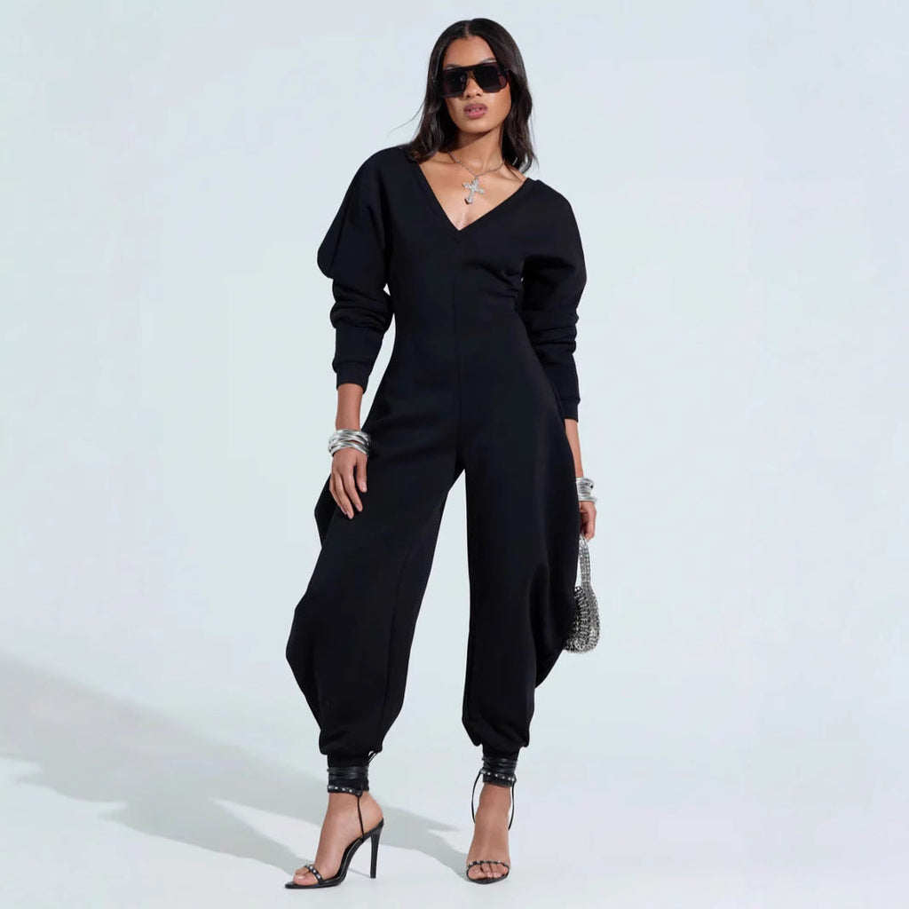 Sexy Long-sleeve Bodycon Jumpsuit With A Tight-fitting V-neck
