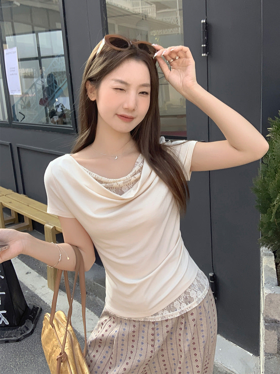 Korean Style Lace Stitching Swing Collar Off-shoulder Short Sleeve T-shirt