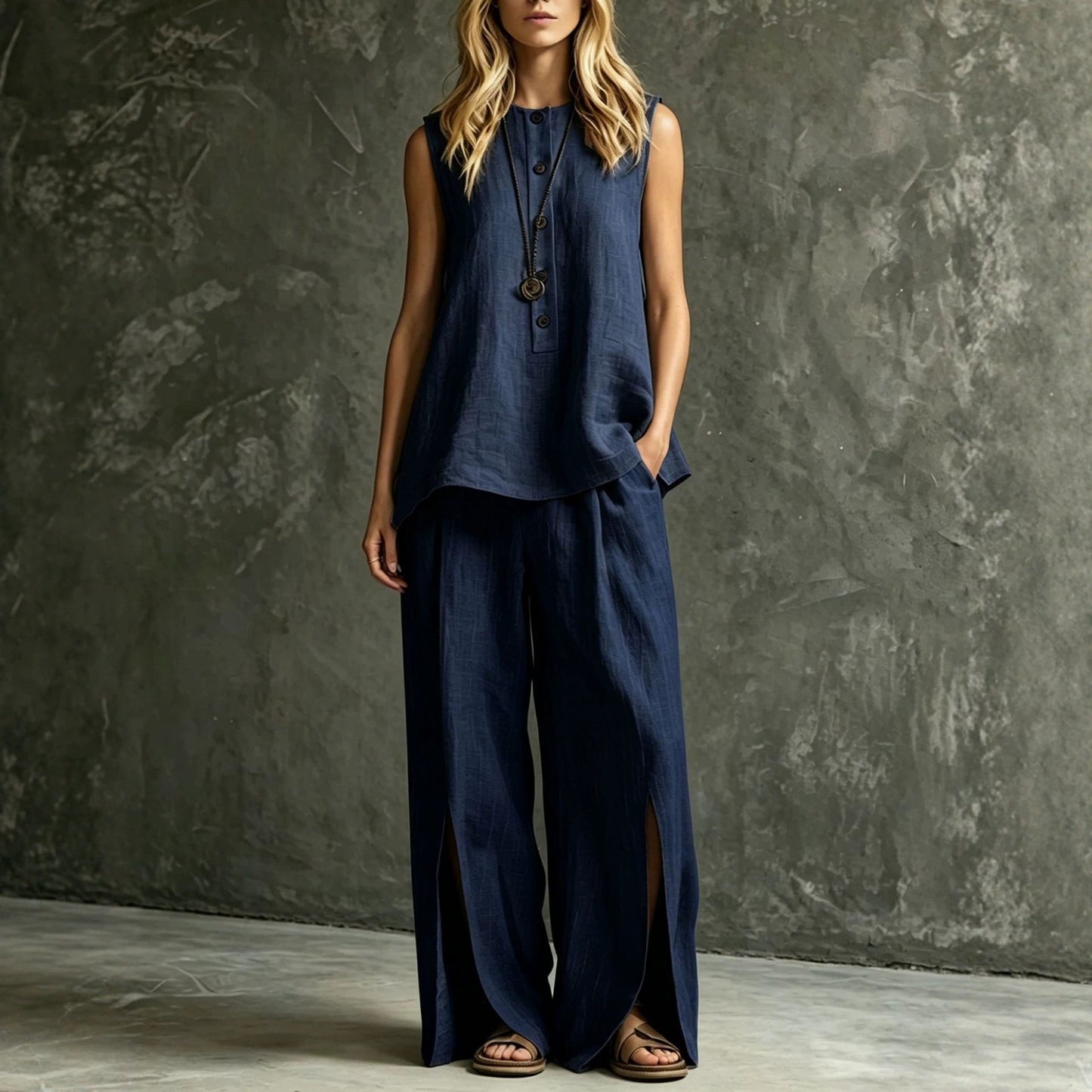 Women's Loose Sleeveless Tank Top & Slit Wide-Leg Pants Two-Piece Set