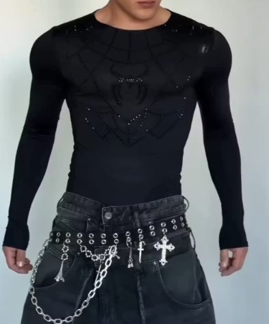 Men's Rhinestone Spiderweb Long Sleeve TOP
