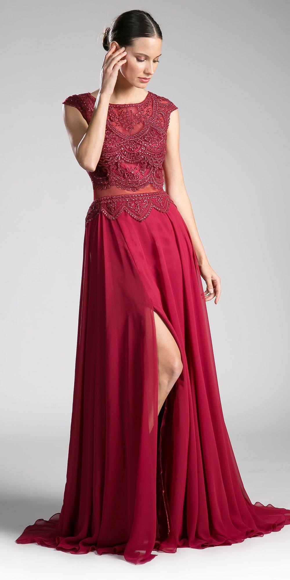 Cinderella Divine CD0113 Illusion Beaded Formal Gown Cap Sleeves
